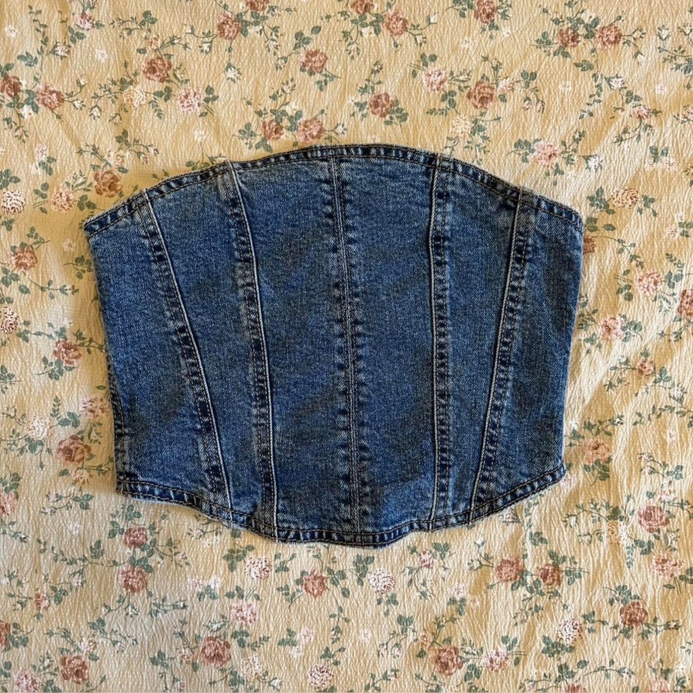 Denim Corset Top - Dark Blue Strapless Bustier